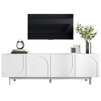 Mueble Para Tv Blanco Moderno 175 Cm, Sistema Push To Open, Estantes Ajustables, Madera, Blanco