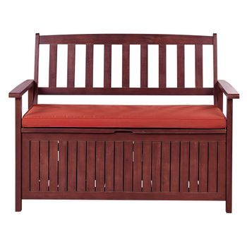 Banco De Jardín Con Almacenaje De Madera Maciza De Acacia 2 Plazas 120 Cm Rojo Oscuro Con Cojín Rojo Sovana