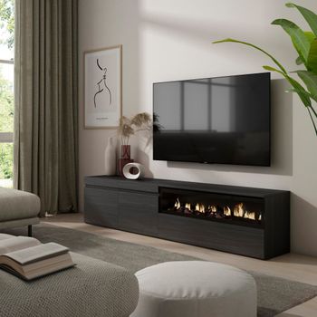 Mueble tv efecto madera negro 200x35x45cm chimenea efecto fuego
