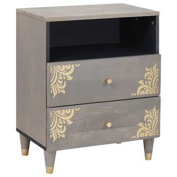 Armario De Noche - Mueble Para Dormitorio - Madera De Mango Maciza - Gris (50x33x62cm)