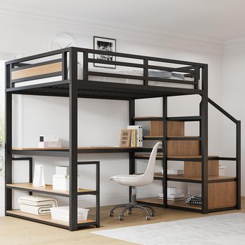 Cama Alta De Metal 140x200  + Estantería Y Escritorio -  Negra