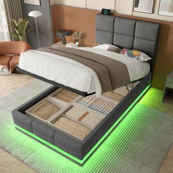 Cama Tapizada De Terciopelo, Cabecera Ajustable, Iluminación Led, Puertos Usb/type-c, Elevación Hidráulica, Gran Almacenamiento, 90x200 Cm, Gris