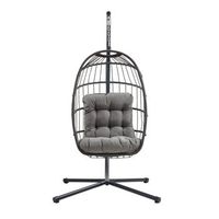silla colgante tipo huevo ratan negro con soporte  cojin para jardin terraza