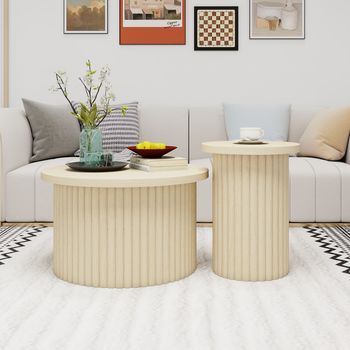 Conjunto De Dos Mesas De Centro Redondas, Efecto Madera Natural, Bases Onduladas