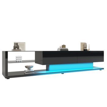 Mueble Tv Negro Alto Brillo 170 Cm, Mesa Tv Con Luces Led Y 2 Cajones, Madera Aglomerada