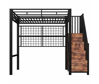 Cama alta 90 x 200 cm - estructura de hierro, armario, escalera con almacenamiento, rejilla para colgar objetos, espacio libre inferior, luces led de 7 colores, sin colchón - negro