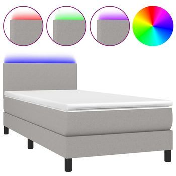 Cama Individual | Cama Para Adultos | Cama Box Spring Con Colchón Tela Y Led Gris Claro 90x190 Cm