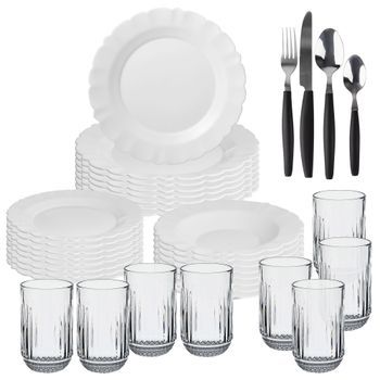 Pack Completo de Vajilla Blanca de 24Pzs + 8 Vasos de cristal 430ml + Cubertería de 32 Pzs color Negro San Ignacio