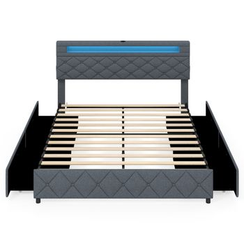Costway Somier Queen con LED USB Tapizado Cajones Cabecero Ajustable Almacenaje Listones Madera No Necesita Somier 160x200cm