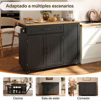Isla De Cocina Rectangular Negra Con Ruedas Y Encimera Abatible, 130 X 70 X 93 Cm