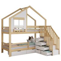 litera infantil con cajones y escalera de almacenaje cama litera 90x200 cm en madera maciza blanco y natural