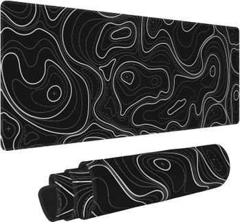 Alfombrilla de Ratón Grande para Juegos, Alfombrilla de Ratón XL Extendida con Contorno Topográfico Negro, Alfombrilla de Escritorio Grande con Bordes Cosidos