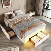 cama tapizada 90x200 cm sin cabecero - con 2 cajones - polipiel - leds - blanco colchon no incluido
