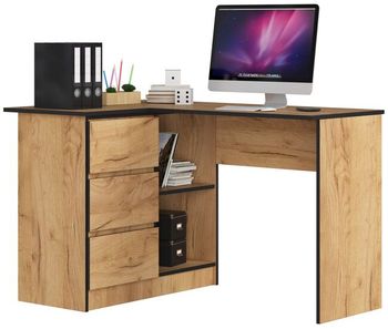 Escritorio esquinero akord b16 roble craft 124 cm con lado izquierdo 3 cajones frente en color roble craft 2 estantes 124x85x77 cm