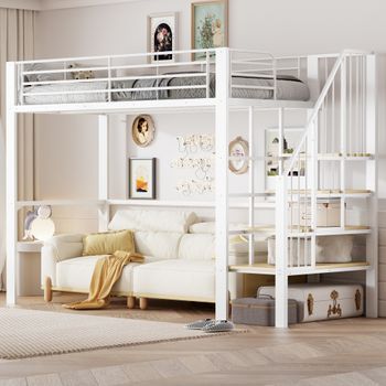 Cama Alta 90 X 200 Cm Con Estantes - Metal - Para Niños - Blanco (colchón No Incluido)