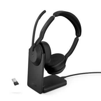 Auriculares Jabra Evolve2 55 inalámbricos Bluetooth con Cancelación Activa de Ruido, micrófono y base de carga, negro