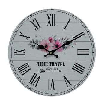 Reloj redondo de madera negro, blanco y rosa con tema floral d.33,8 cm