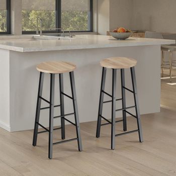 2 taburetes altos industriales de acero, altura 72,5cm, madera clara