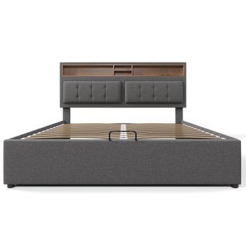 Cama Con Canapé 160x200cm En Tela De Lino Cabecero Ajustable Con Enchufes Con Somier Gris