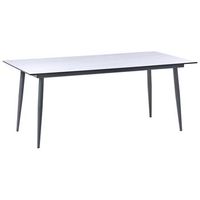 mesa de comedor de jardin con tablero de hpl y estructura de aluminio resistente a los rayos uv agua oxido gris oscuro con tablero efecto travertino tolentino