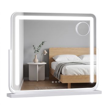 Costway Espejo de Maquillaje Giratorio con Luz LED de Tres Colores Regulable Tactil con Espejo Aumento 10X Alimentación USB 60 x 10 x 52 cm Blanco