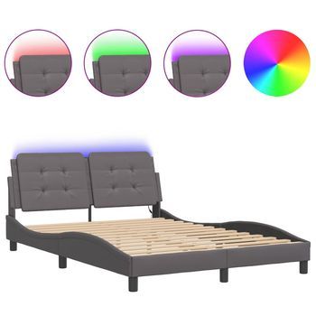 Cama Matrimonial | Cama Para Adultos | Estructura Cama Con Luces Led Cuero Sintético Gris 140x200 Cm