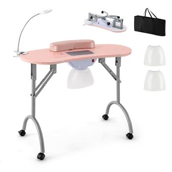 Costway Mesa de Manicura Portátil con Ventilador Eléctrico de Aspiración Lámpara LED Flexible Bolsa de Polvo con Ruedas Bloqueables Rosa