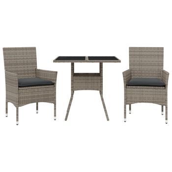 Set Comedor Jardín 3 Uds | Mueble Jardin Mesa Y Sillas Y Cojines Ratán Sintético Vidrio Gris