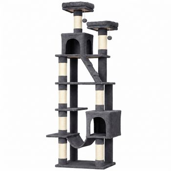 PawHut Árbol Rascador para Gatos 204 cm Multinivel con 2 Cuevas Hamaca 2 Camas Postes de Sisal Escalera y 2 Bolas Gris Oscuro   Aosom España