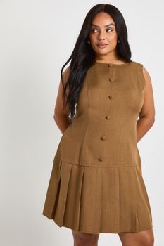 Plus Woven Button Down Pleated Skater Dress, Brown