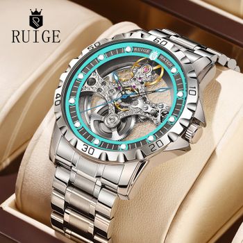 Reloj Mecánico Automático de Doble Cara RUIGE, Reloj de Pulsera de Acero Inoxidable para Hombre, Moderno, con Luz Nocturna, Resistente al Agua