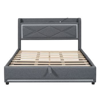 Cama Contenedor De Tela De Lino 140x200cm Con Led Y Puertos Usb Gris