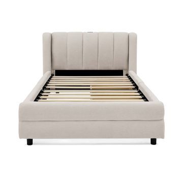 Cama Individual 90x200 Cm - Con Almacenamiento Lateral, Puerto Usb, Chenilla, Ergonómica - Beige