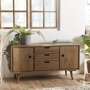 Aparador de madera de abeto marrón con 2 puertas y 3 cajones