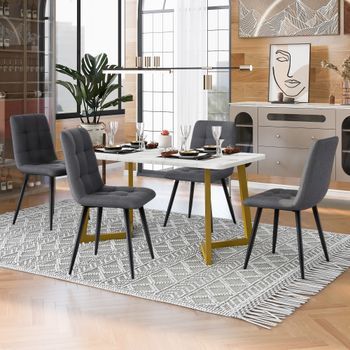 Conjunto De Mesa Y 4 Sillas - Mueble De Comedor - Mdf Y Lino - Gris Y Dorado (117cm)