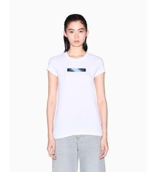 A|X Armani Exchange para mujer. XW002112AF16294U0002 Camiseta ajustada de punto de algodón elástico blanco (XL), Casual, Manga corta