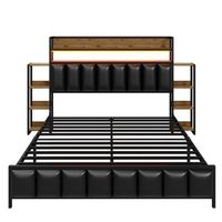 cama tapizada 140 x 200 cm - polipiel y metal - cabecero con almacenaje y led - negro sin colchon