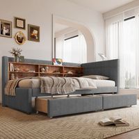 cama sofa 90x200 cm 2 cajones usb  type-c multiples espacios de almacenamiento somier de lamas lino gris
