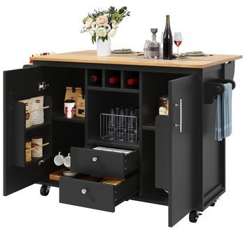 Isla De Cocina Con Encimera Plegable, 5 Ruedas Giratorias Y Botellero, 137.9x73x92cm, Mdf Y Metal, Negro Y Blanco