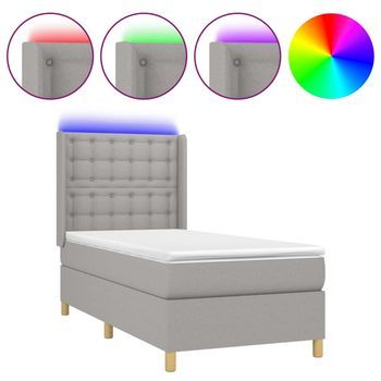 Cama Para Adulto | Cama Individual | Cama Box Spring Colchón Y Luces Led Tela Gris Claro 90x190 Cm