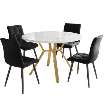 Conjunto De Mesa Redonda De 100 Cm Con Base Dorada Y 4 Sillas Negras