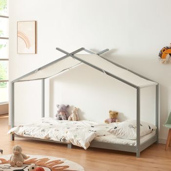 Cama Para Niños Brome Forma Casita Con Techo Pino 90 X 200 Cm - Gris Y Blanco [en.casa]