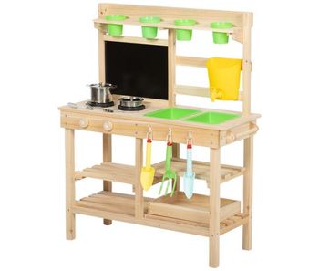 Aiyaplay cocina de juguete exterior, cocinita infantil de madera con macetas, fregaderos, grifo, utensilios de acero inoxidable, pizarra, estantes, ganchos, juguetes para niños 3-6 años, natural