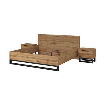 Conjunto De Cama 160x200 Y Dos Mesitas De Noche Estilo Industrial - Colección Milos. Color Roble Crudo Y Negro. Somier Incluido
