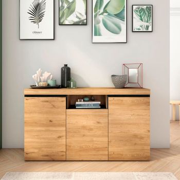 Aparador efecto roble y negro 140x40x81cm