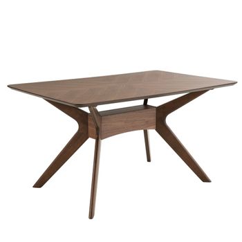 Mesa de comedor con tablero de madera y patas blancas.