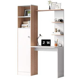 Escritorio Con Estantería Y Armario 123,5x45x168,5cm Mesa De Ordenador Impermeable Madera Blanco Y Roble