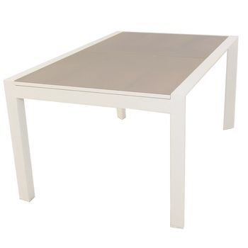 Mesa De Exterior Extensible 160 A 210 Cm, Estructura De Aluminio Color Blanco, Cristal Mate, Grueso Y Templado Color Taupé, Mesa De Comedor De Jardín, Mobiliario De Patio, Mesa Para Terraza