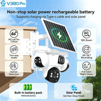 Cámara de Seguridad V380 PRO con 4 Lentes, 4 Vistas, Solar, 4G, PTZ, Zoom 10X, IP65 Impermeable, Audio Bidireccional, Visión Nocturna a Color, para Exteriores y Hogar