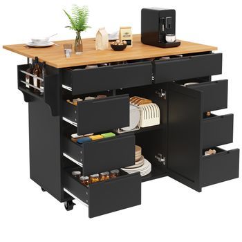 Isla De Cocina Moderna Negra, Carrito De Cocina Con Ruedas Y Encimera Extensible, Carro De Servir Con Especiero Y 8 Cajones, Mdf, 122x74.5x91.5 Cm